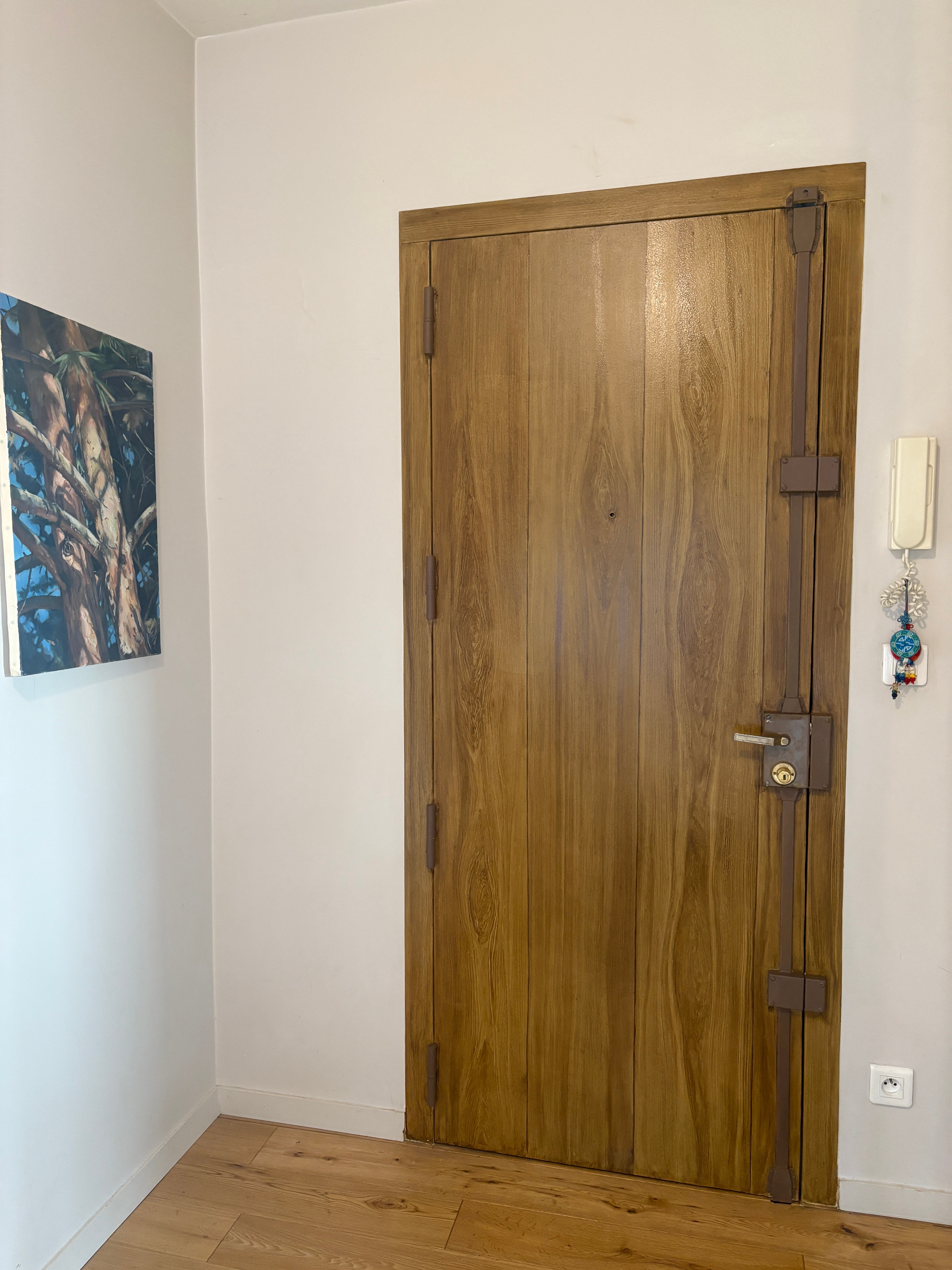 Vue d'ensemble de la porte en faux bois dans son environnement
